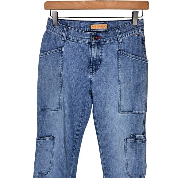 Tommy Hilfiger Juniors Y2K Low Rise Flared Wide Leg Cargo Pocket Jeans - Picture 2 of 9